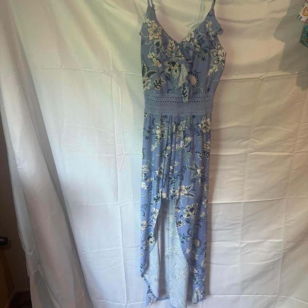 No Boundaries Floral High Low Maxi Dress Blue Ruffle V-Neck Smocked Waist Size M
